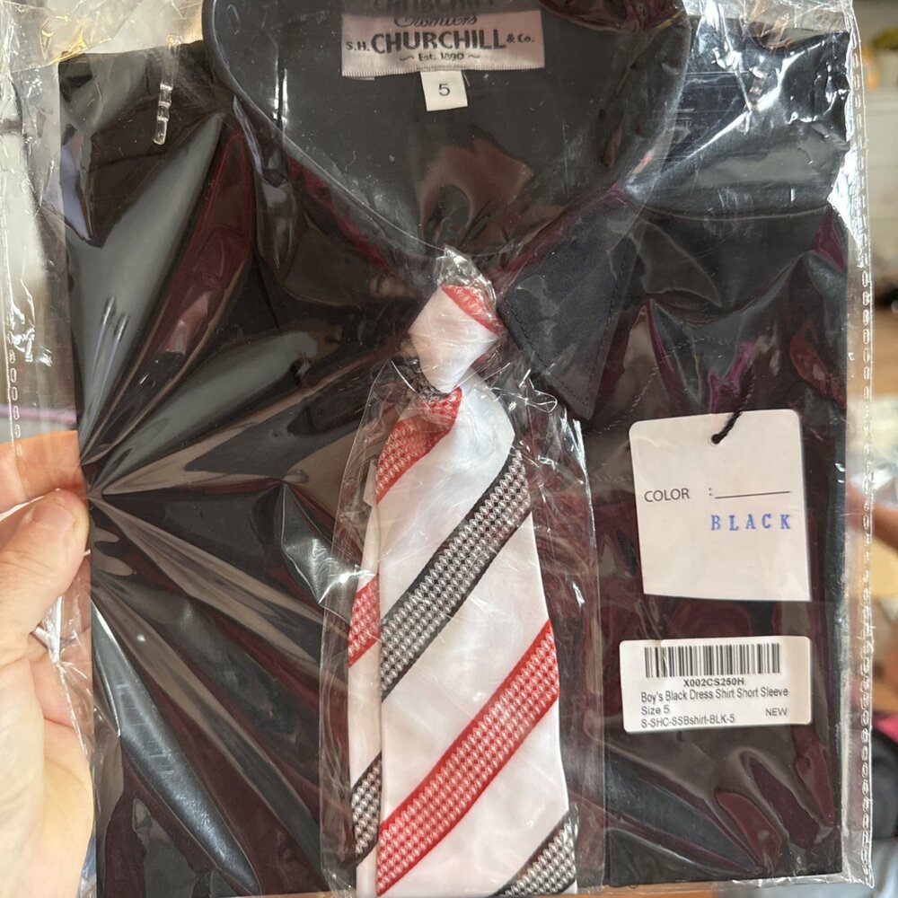 Boys Black Dress Shirt Short Sleeve Size 5 Churchill With Tie